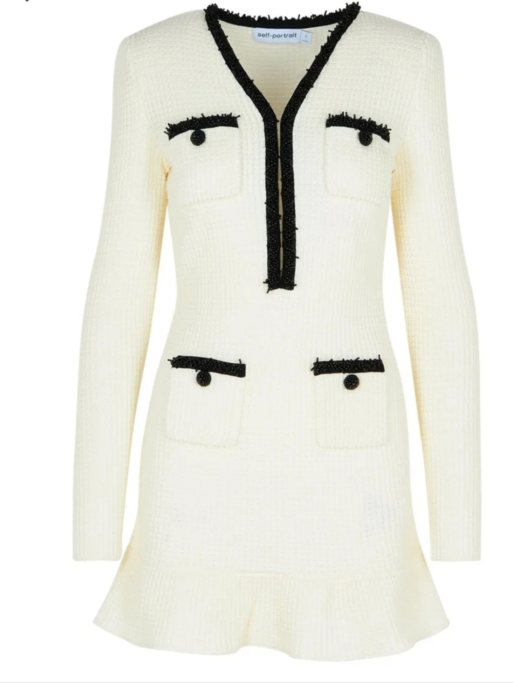 Self-Portrait Cream Knit Mini Dress with Black Tweed Trim
